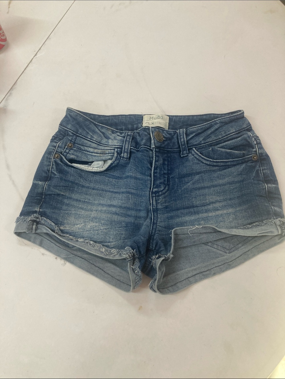 Mudd Women's Distressed Blue Denim Roll-Hem Shorts